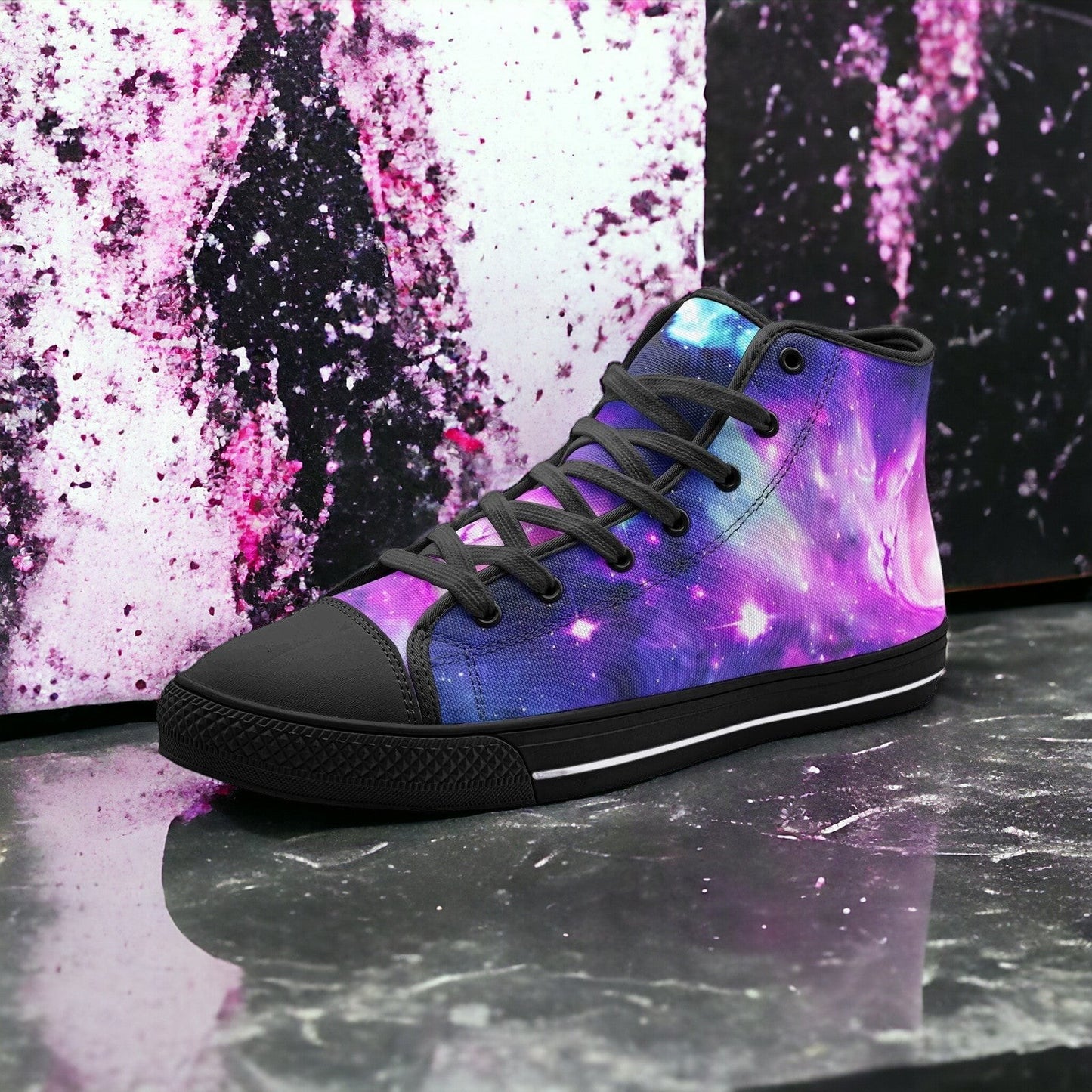 Galaxy Fun hand-made high-top canvas shoes — unique wearable art by Freaky Shoes