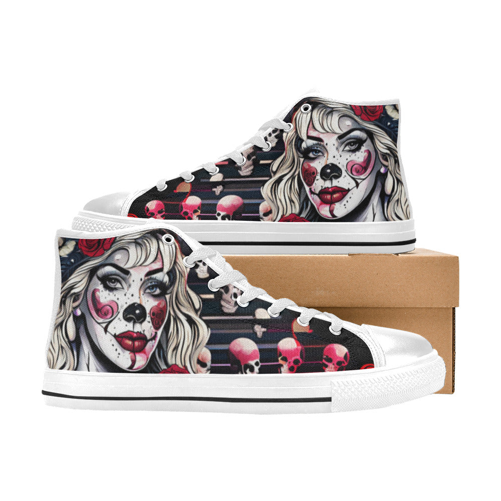 WOMEN'S Clown Woman Wearing Baseball High Top Canvas Vibrant Chaos Custom Shoes