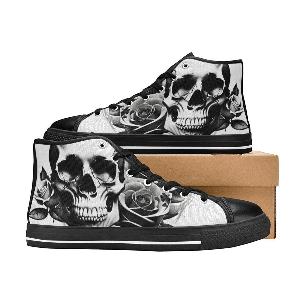 Freaky Shoes custom art sneakers with skull and rose design, made to order wearable art