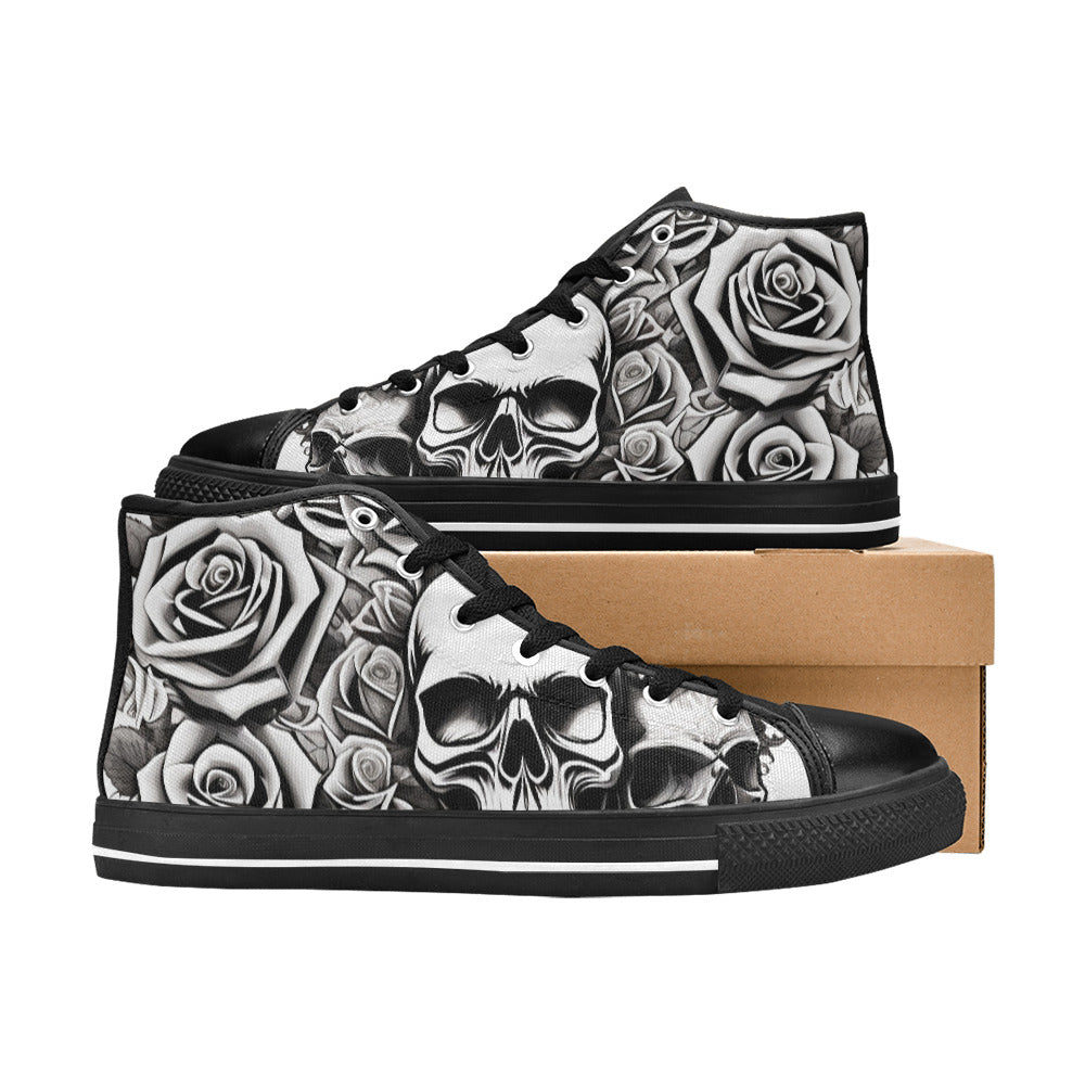 WOMEN'S Skull Roses Black White High Top Canvas Grunge Custom Shoes