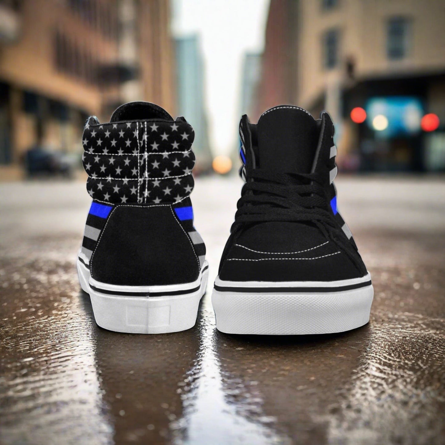 Custom Women's Thin Blue Line Flag Themed high-top canvas shoes with bold all-over art — Freaky Shoes