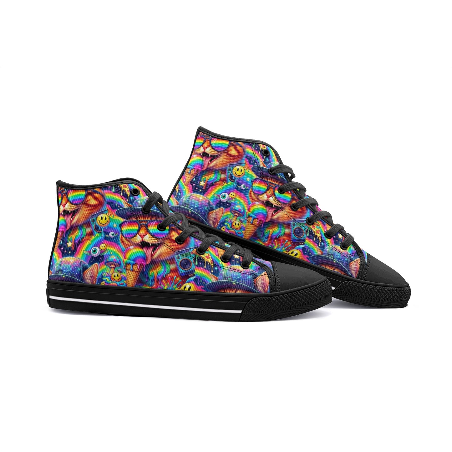 Cosmic Chaos Kicks — Y2K Psychedelic Cat Sneakers Unisex High Top Canvas Shoes