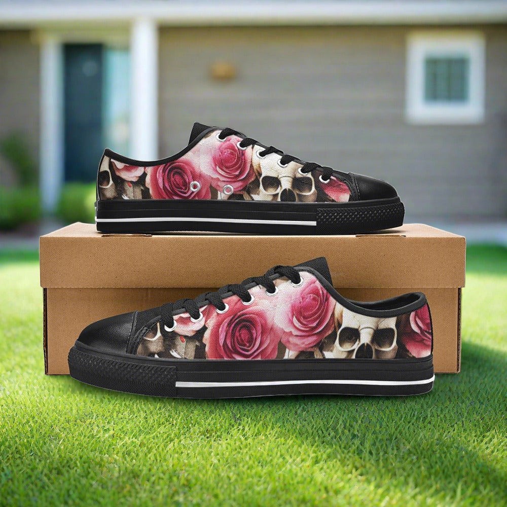 Men's Skulls Roses Deluxe hand-made high-top canvas shoes — unique wearable art by Freaky Shoes