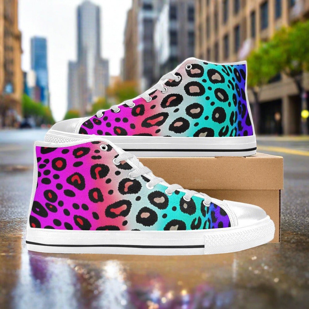 Men's Colored Leopard Art hand-made high-top canvas shoes — unique wearable art by Freaky Shoes