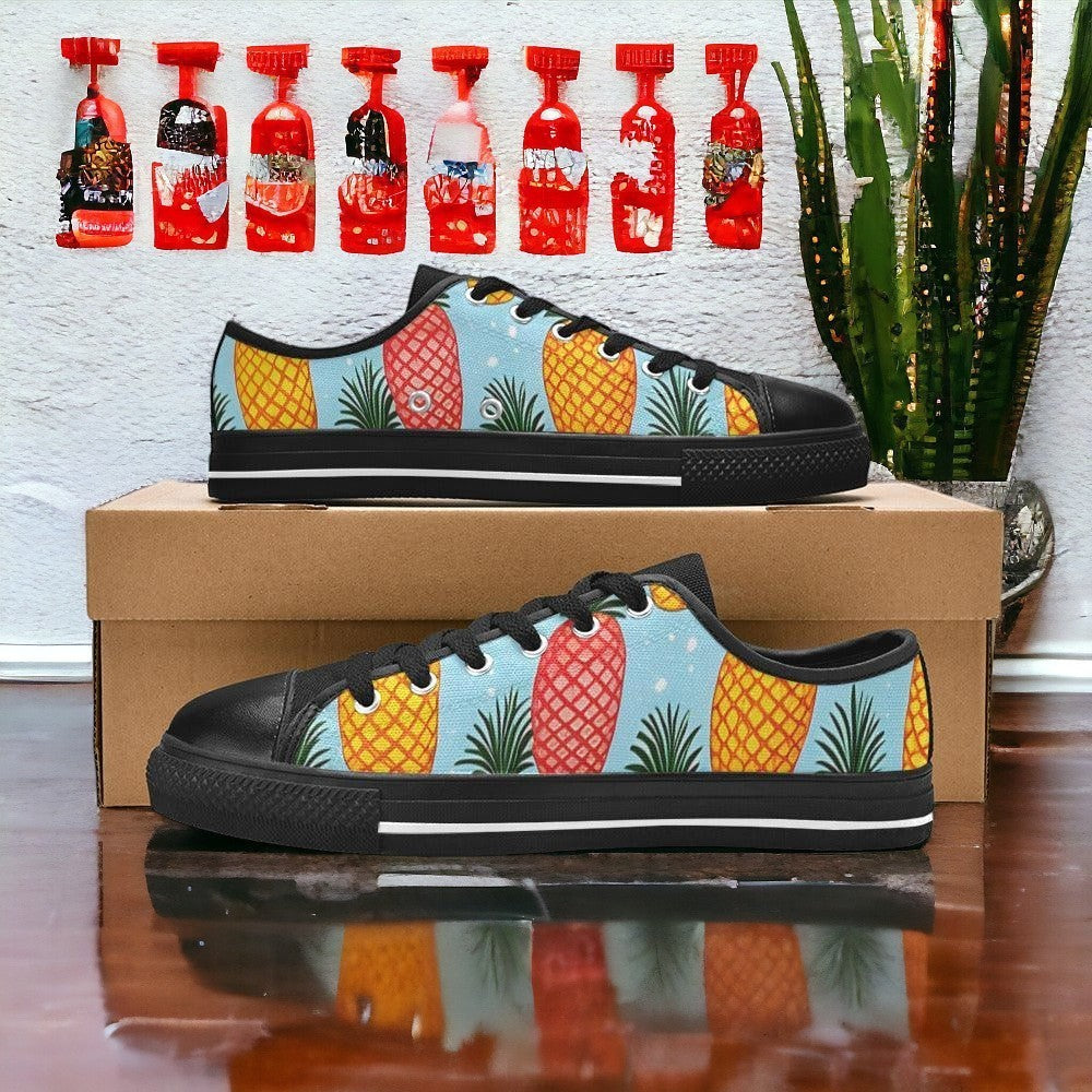 Men's Pineapples Please hand-made high-top canvas shoes — unique wearable art by Freaky Shoes