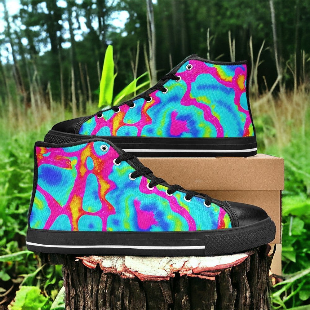 Men's Tie Dye Splash Retro hand-made high-top canvas shoes — unique wearable art by Freaky Shoes