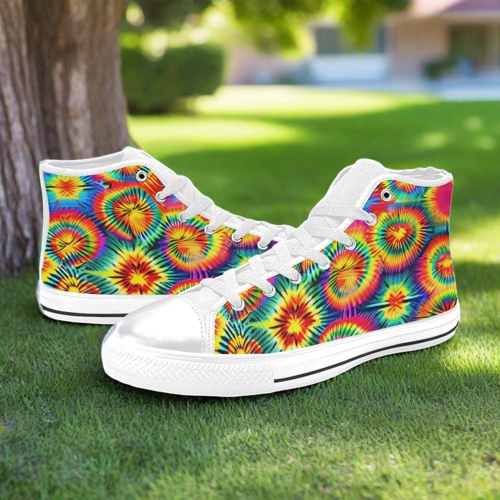 Men's Rainbow Tie Dye hand-made high-top canvas shoes — unique wearable art by Freaky Shoes