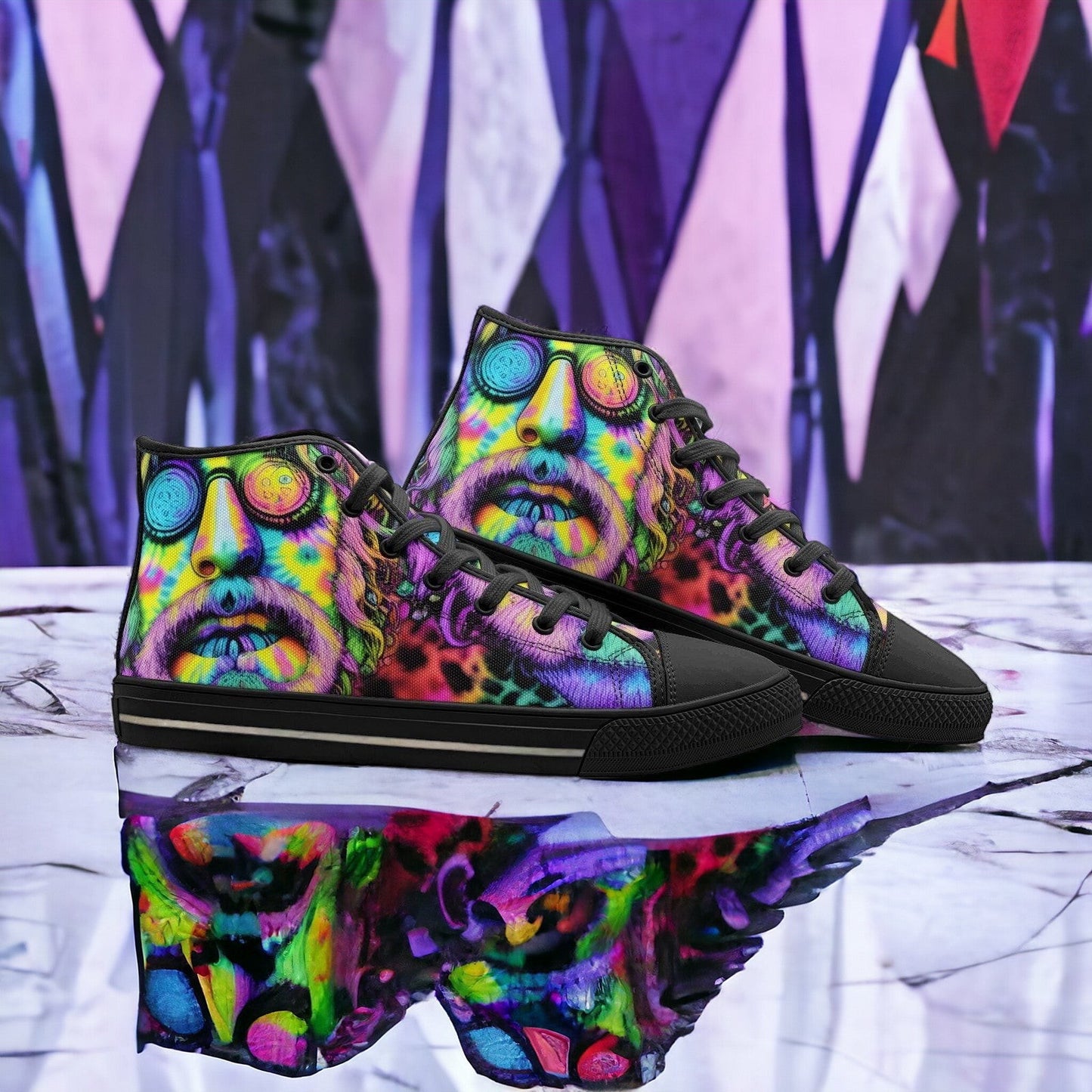 Tie Dye Guy hand-made high-top canvas shoes — unique wearable art by Freaky Shoes