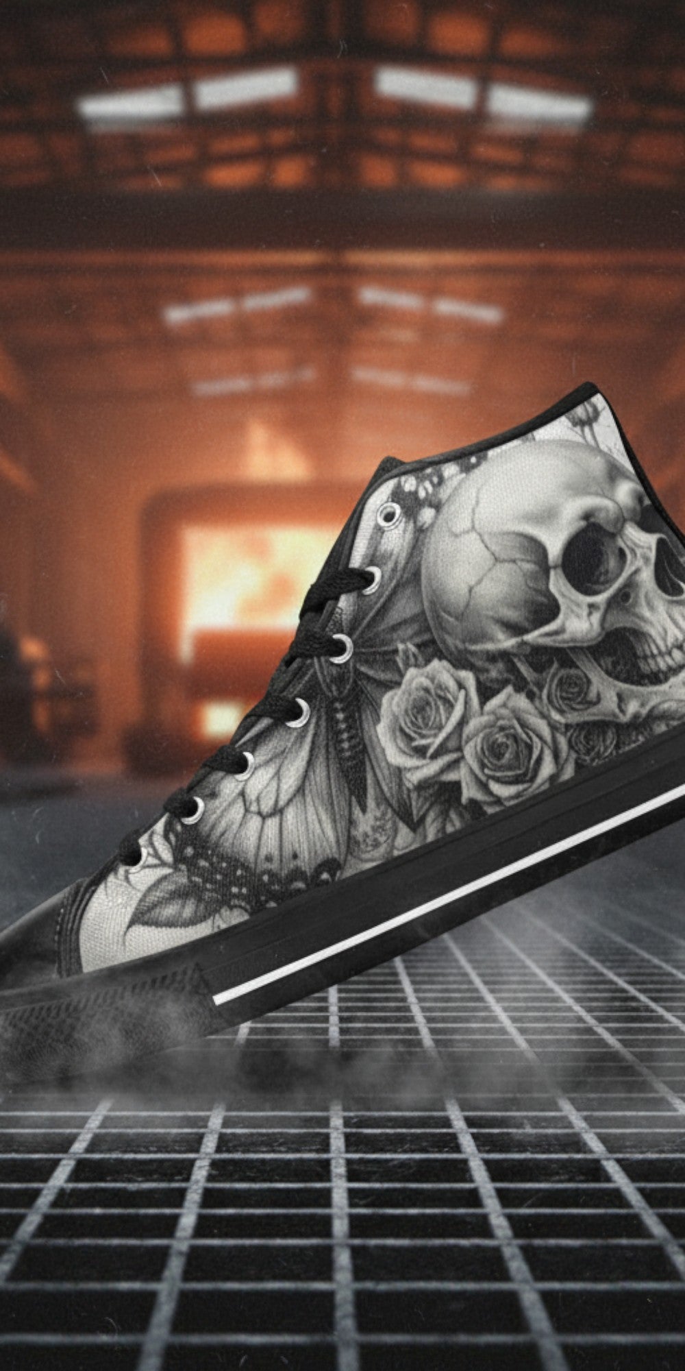 Men's Gothic Moon Skull Dark Art high-top canvas shoes — one-of-a-kind custom printed art, Freaky Shoes