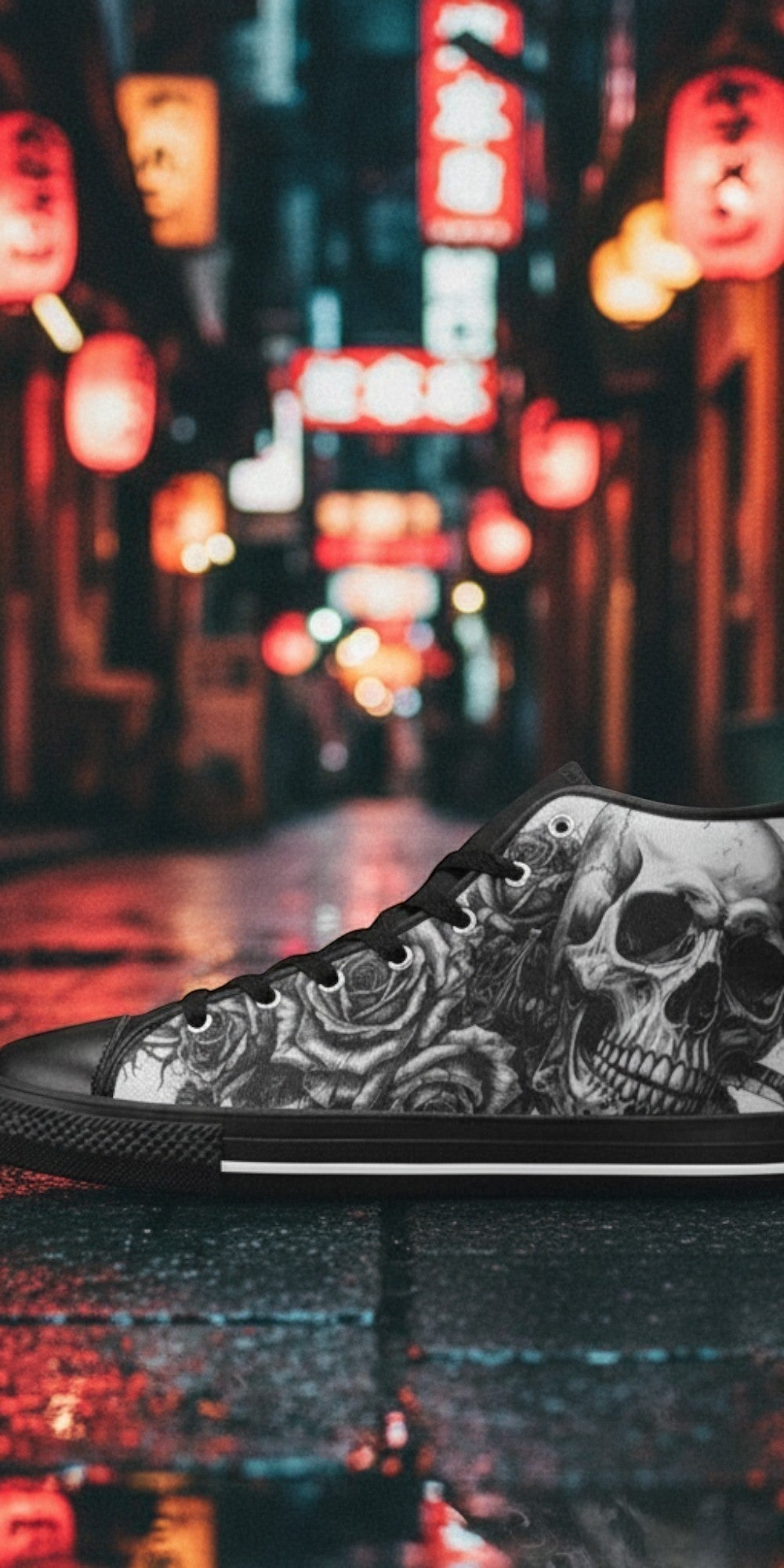 Men's Grey Gothic Dark Skull Art high-top canvas shoes — one-of-a-kind custom printed art, Freaky Shoes