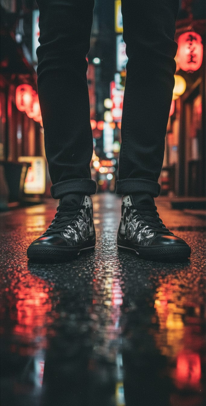 Freaky Shoes® Gothic dark skull and rose print high top canvas sneakers worn on a wet city street at night.