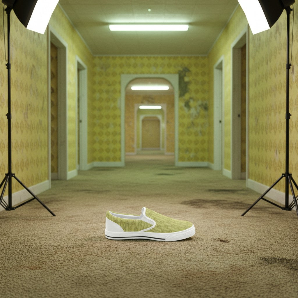 Backrooms Lobby Fashion for Kid hand-made slip-on canvas shoes — unique wearable art by Freaky Shoes