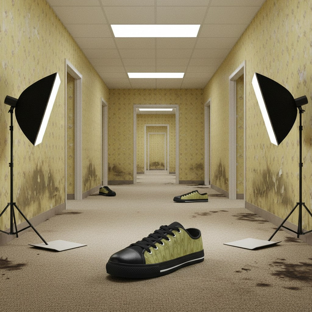 Level 1 Backrooms Fluorescent Horror Aesthetic for Kid hand-made low-top canvas shoes — unique wearable art by Freaky Shoes