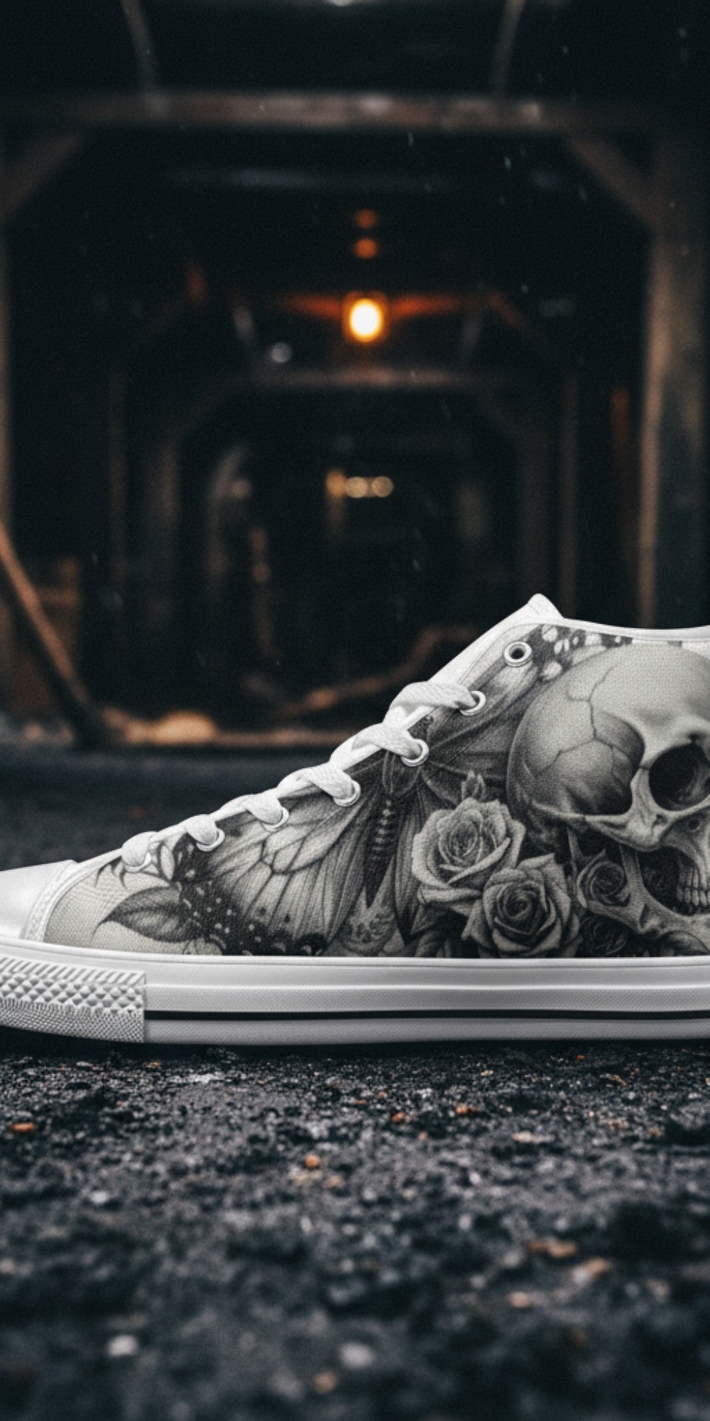 Men's Monochrome Moon Skull Gothic Art high-top canvas shoes — one-of-a-kind custom printed art, Freaky Shoes