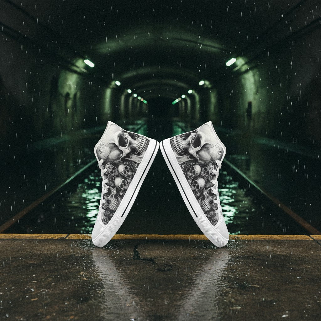 Men's Dark Art Monochrome Skull Gothic high-top canvas shoes — one-of-a-kind custom printed art, Freaky Shoes