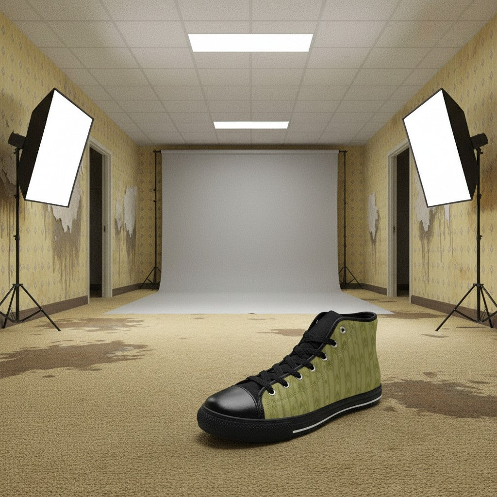 Custom Women's Backrooms The Hub Alt Fashion Horror -4 Sides high-top canvas shoes with bold all-over art — Freaky Shoes