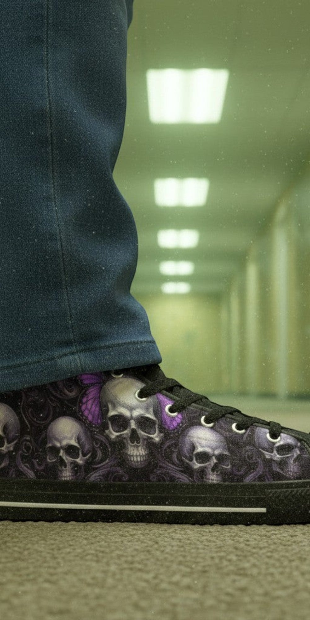 Freaky Shoes® women's high top canvas sneakers featuring a purple iridescent skull and butterfly dark art print.
