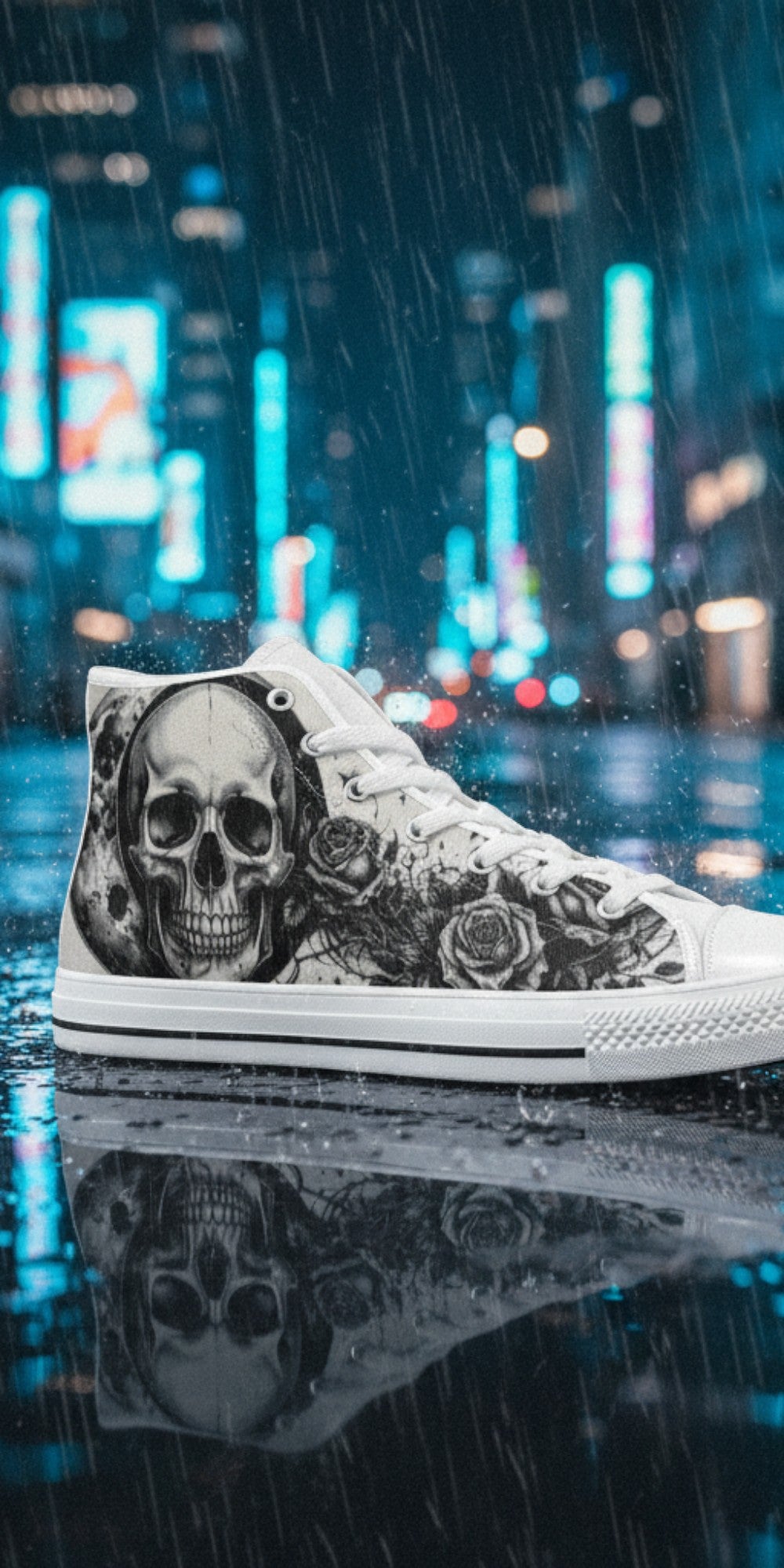 Men's Skull Moon Gothic Dark Art high-top canvas shoes — one-of-a-kind custom printed art, Freaky Shoes