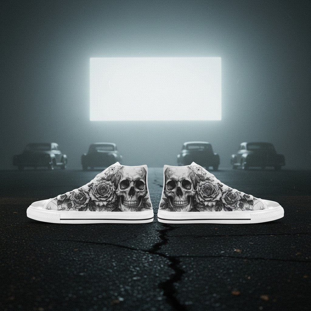 Women's Dark Skull Crown Gothic Dark Art high-top canvas shoes — one-of-a-kind custom printed art, Freaky Shoes