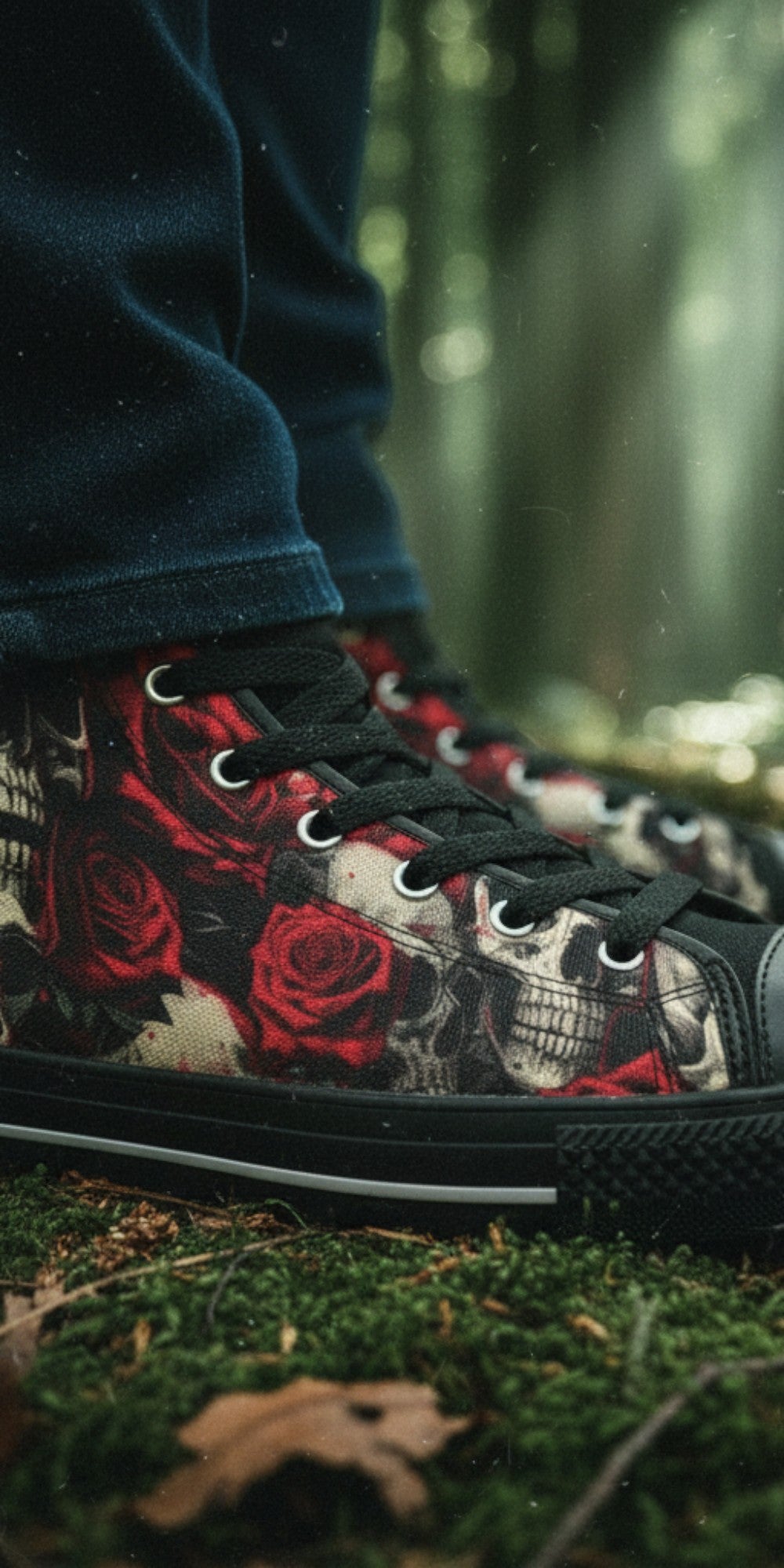 Freaky Shoes® women's high top canvas sneakers featuring a dark comic book skull and red rose graphic print.