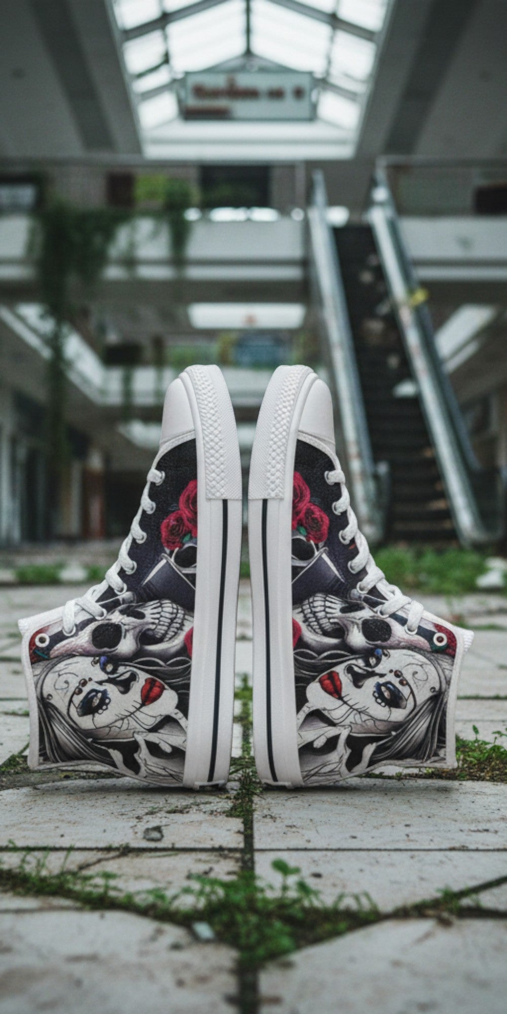 Men's Skulls hand-made high-top canvas shoes — unique wearable art by Freaky Shoes