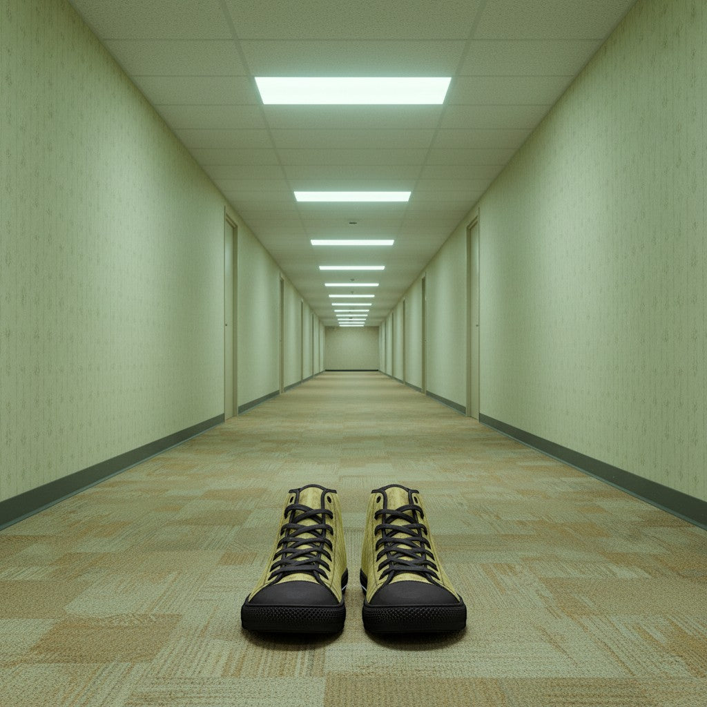 Yellow Hallway Backrooms Horror Aesthetic Unisex high-top canvas shoes, custom full-wrap printed design — Freaky Shoes