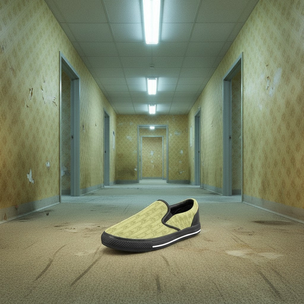 Women's No-Clip Backrooms Wallpaper Horror Print slip-on canvas shoes — one-of-a-kind custom printed art, Freaky Shoes