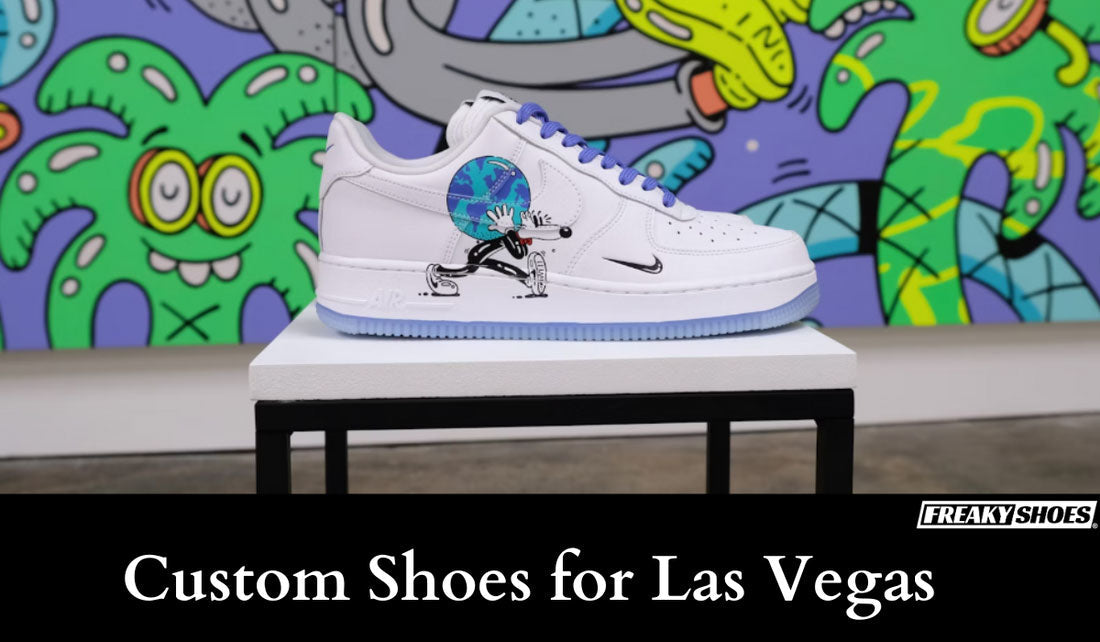 Freaky Shoes custom art sneakers featuring cartoon character with globe, made to order wearable art