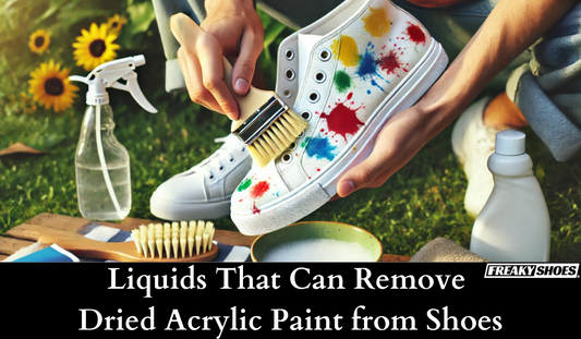 Freaky Shoes custom art sneakers with colorful paint splatters being cleaned outdoors