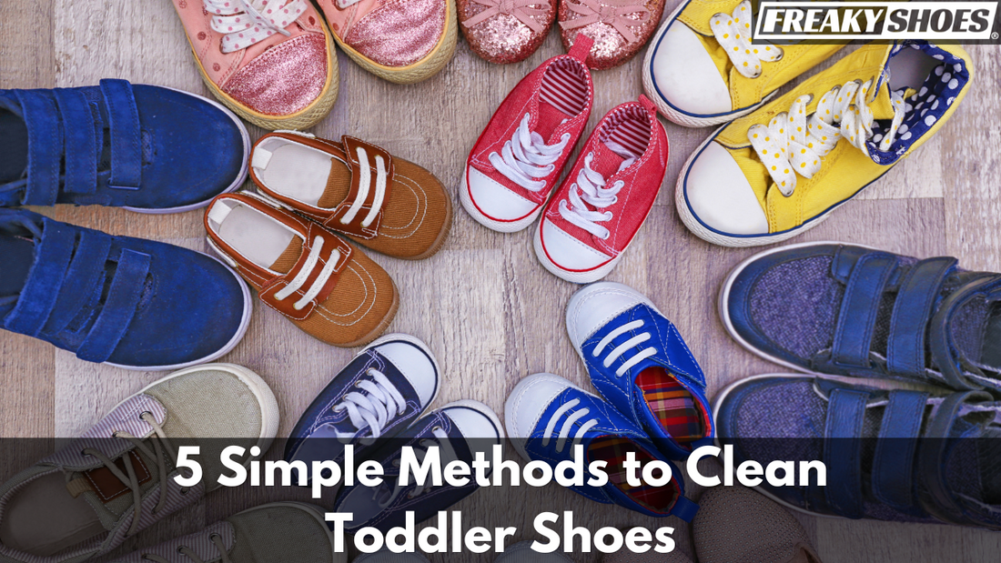 Freaky Shoes custom art sneakers made to order, featuring vibrant toddler shoe designs in pink, red, blue, and yellow.