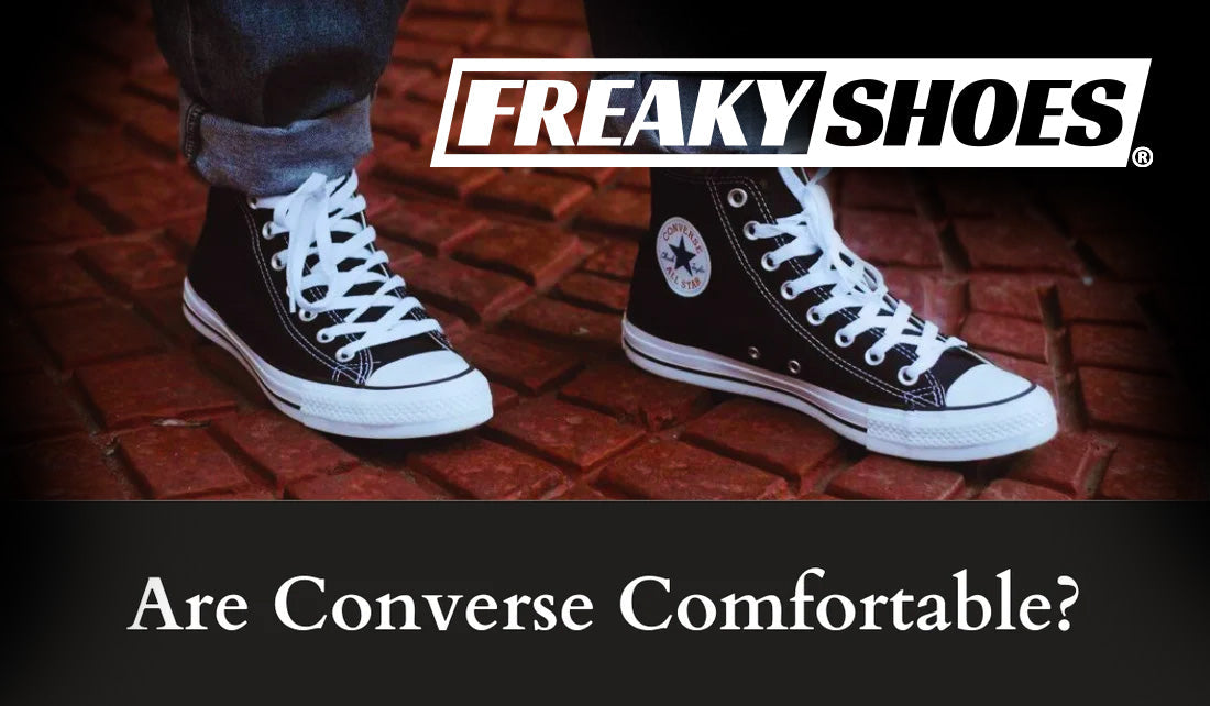 Freaky Shoes custom art sneakers: black Converse high-tops with white laces, worn on brick pavement, made to order