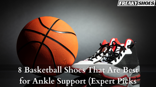 Freaky Shoes custom art sneakers with bold red, white, and black design, paired with basketball for athletic style