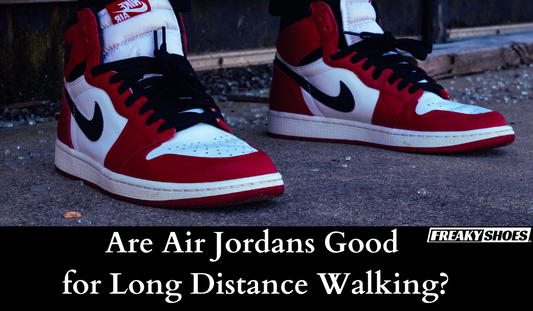 Freaky Shoes custom art sneakers: red and white Air Jordan 1s with black laces, made to order wearable art.