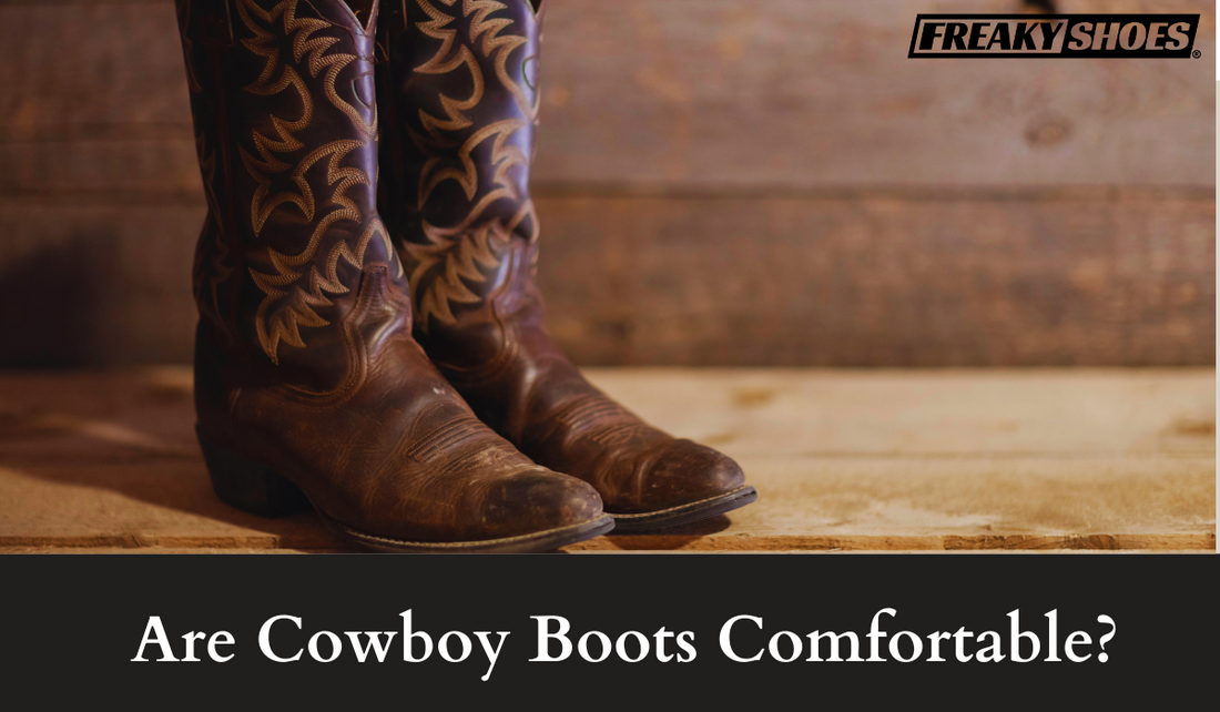 Freaky Shoes custom art sneakers featuring cowboy boot design with brown leather and gold embroidery, made to order