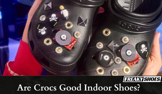 Freaky Shoes custom art sneakers with skull, pyramid & record player Jibbitz on black Crocs, made to order