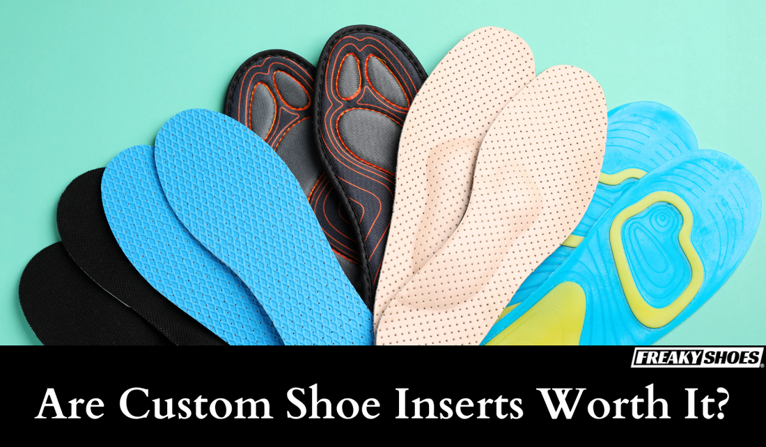 Freaky Shoes custom art sneakers with premium insoles in blue, black, and beige styles