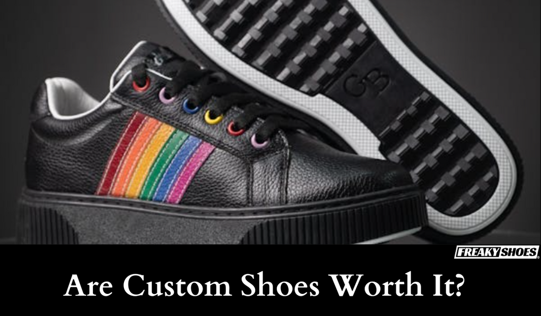 Freaky Shoes custom art sneakers with rainbow stripe, black leather, made to order wearable art