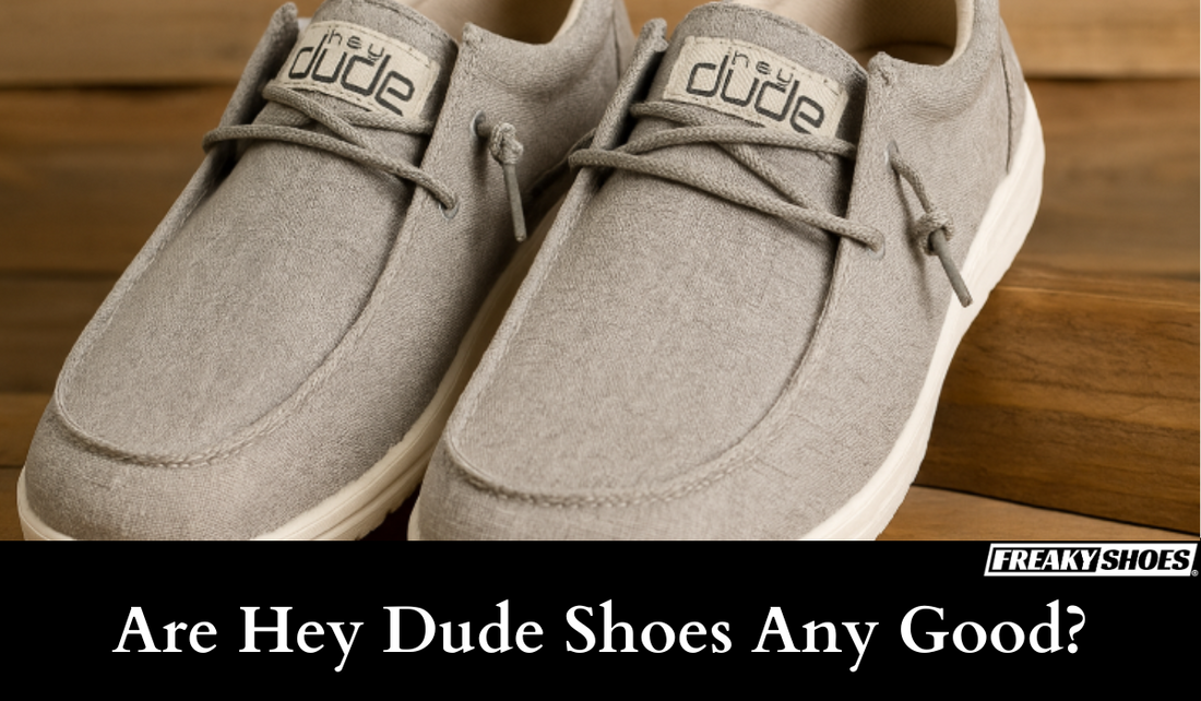 Freaky Shoes® custom art sneakers with 'Hey Dude' branding, made to order, neutral gray canvas style