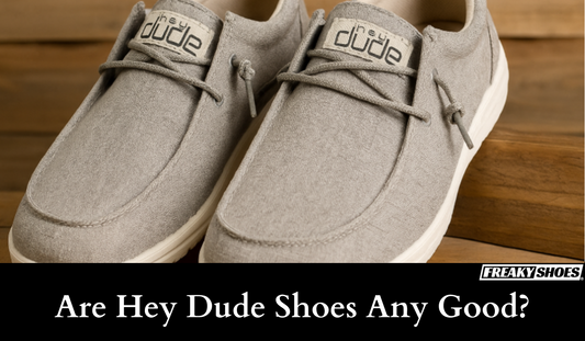 Freaky Shoes® custom art sneakers with 'Hey Dude' branding, made to order, neutral gray canvas style