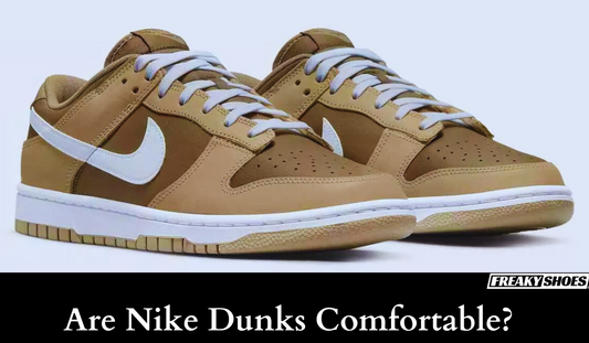 Freaky Shoes custom art sneakers: tan Nike Dunks with white swoosh, made to order wearable art