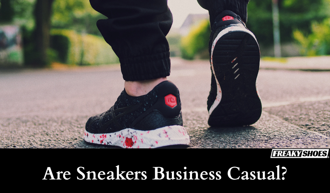 Freaky Shoes® custom art sneakers with black knit upper, red skull accents, and splatter paint sole, made to order.