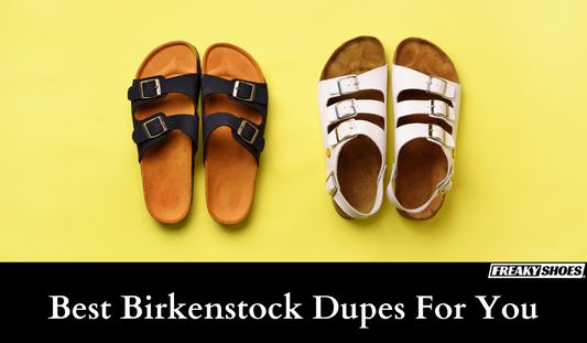 Freaky Shoes custom art sneakers: navy and white Birkenstock-style sandals with gold buckles on yellow background