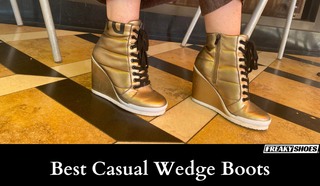 Freaky Shoes custom art sneakers: gold metallic wedge boots with black laces, made to order wearable art