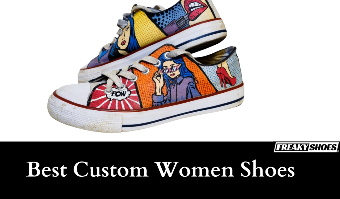 Freaky Shoes pop art custom art sneakers with bold comic panels, blue hair, red lips, and 'POW' graphic, made to order