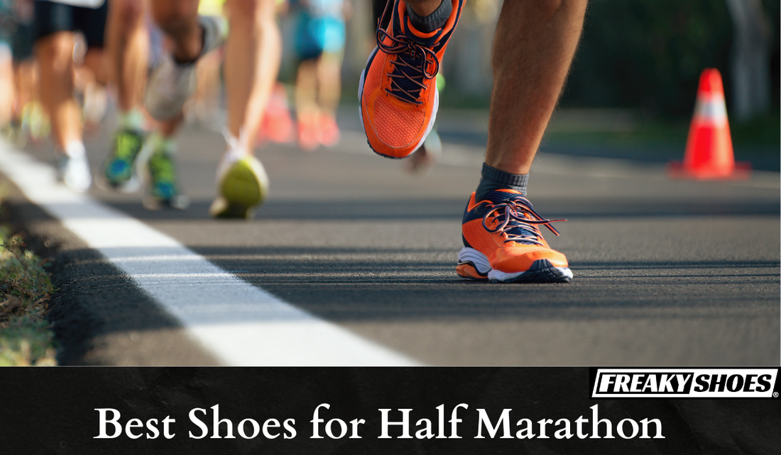 Freaky Shoes® custom art sneakers in vibrant orange, made to order for half marathon runners.