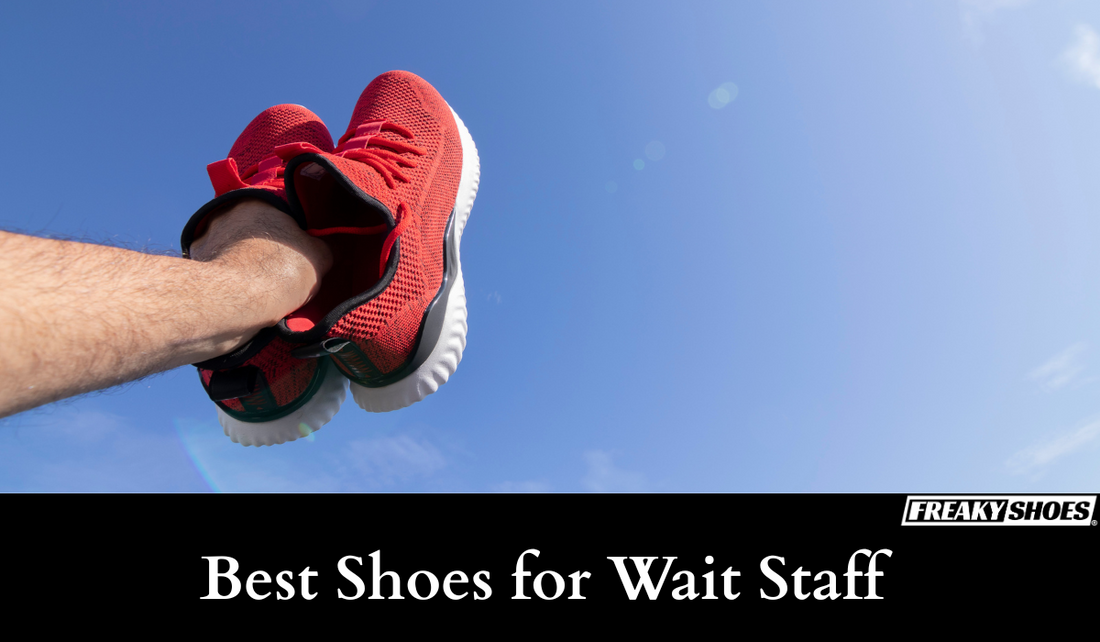 Freaky Shoes® custom art sneakers in bold red, made to order for wait staff comfort and style under blue sky.