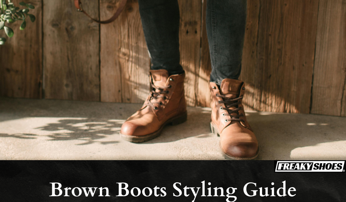 Freaky Shoes® custom art sneakers: brown leather boots styled with jeans, rustic wood backdrop