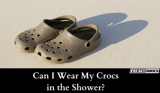Freaky Shoes® custom art sneakers: tan Crocs-style clogs on sand, made to order wearable art