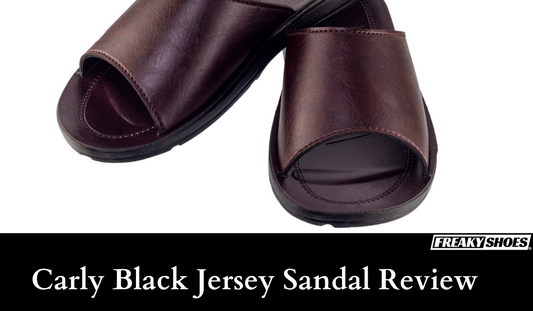Freaky Shoes custom art sneakers: Carly Black Jersey Sandal, made to order, rich brown leather slide design