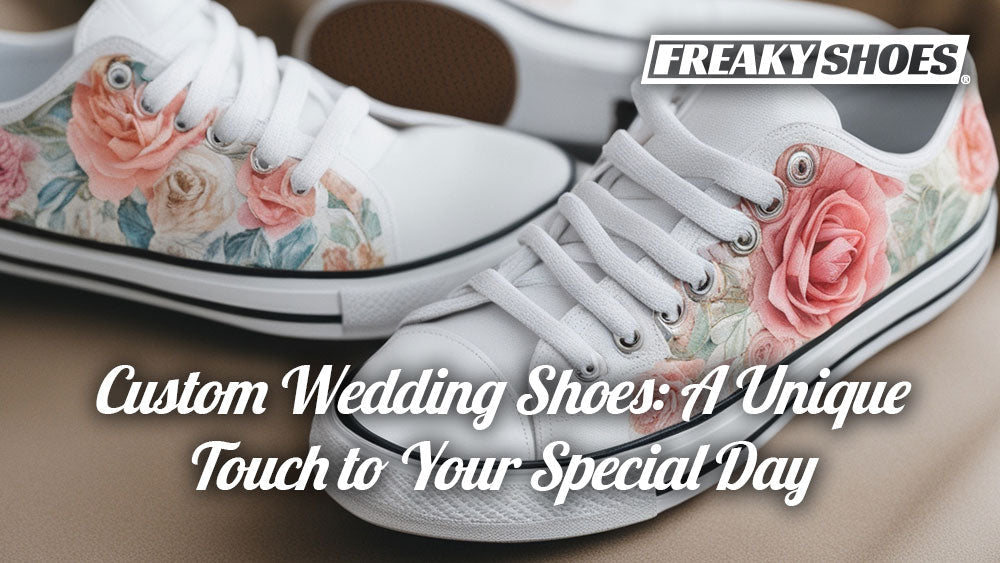 Freaky Shoes custom art sneakers with pink rose floral print, made to order for weddings